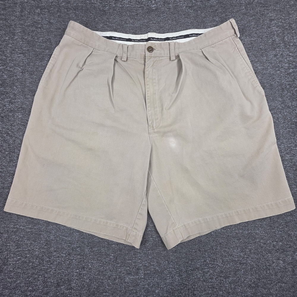 Vtg Polo Ralph Lauren Mens Tyler Short Pleated Chino Khaki 100% Cotton Size 38
